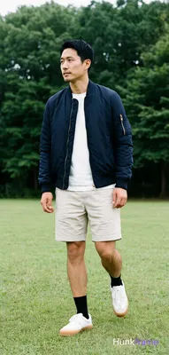 Asian man with short black hair and clean-shaven face stands in full-body vertical portrait on grass