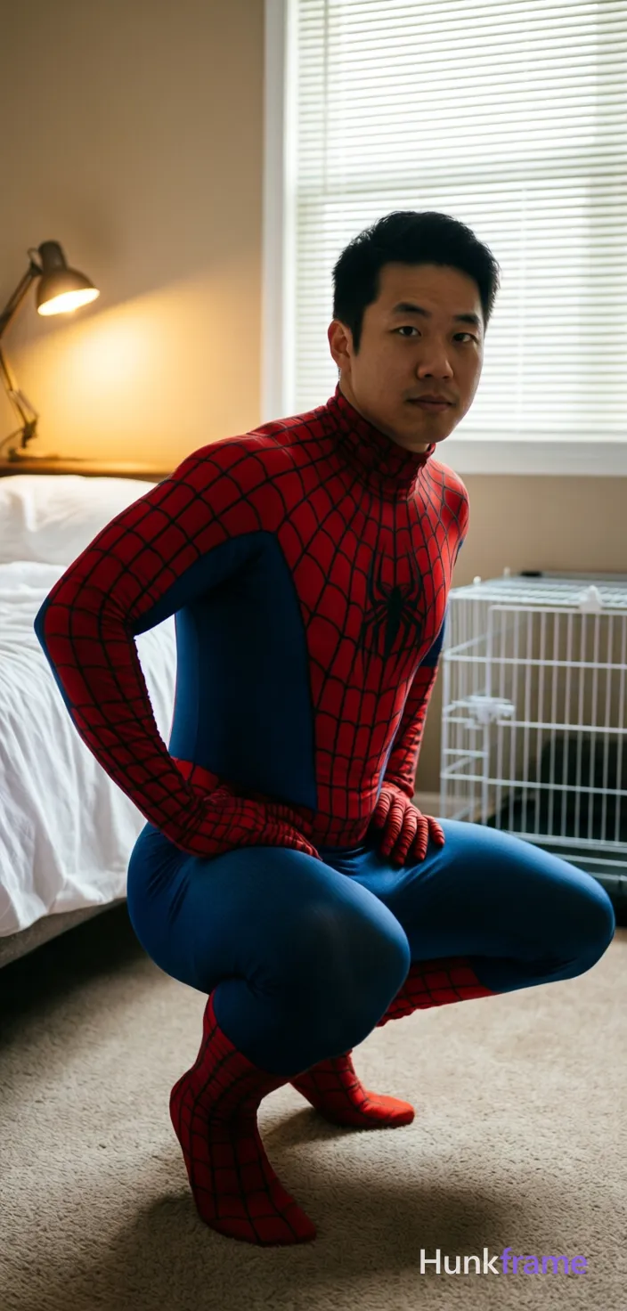 Asian man in full-body Spider-Man spandex suit crouching on beige carpeted floor, left knee forward bent with thick thighs visible under fabric. Hands placed firmly on hips/waist area, torso upright angled slightly toward camera. Neutral gaze directed at lens. Indoor bedroom setting with white linens and wire pet cage blurred by shallow depth of field. Soft directional fill from window blinds behind subject meets warm artificial accent light from desk lamp casting glow on left wall. Red blue black palette against neutral beige walls naturalistic color grading clean composition portrait head-to-knees center-right foreground dramatic lighting sculpted pose homoerotic aesthetic fine-art photography HUNKFRAME. Include exactly one visible wordmark, spelled exactly "HUNKFRAME", on the sign in the composition; preserve its appropriate typography and scale. No other visible text, logo, caption, username, hashtag, comment, watermark, or UI chrome., a single uninterrupted photograph only, no written words or typography anywhere in frame, no captions, no app UI, no social-media post layout, no screenshot borders