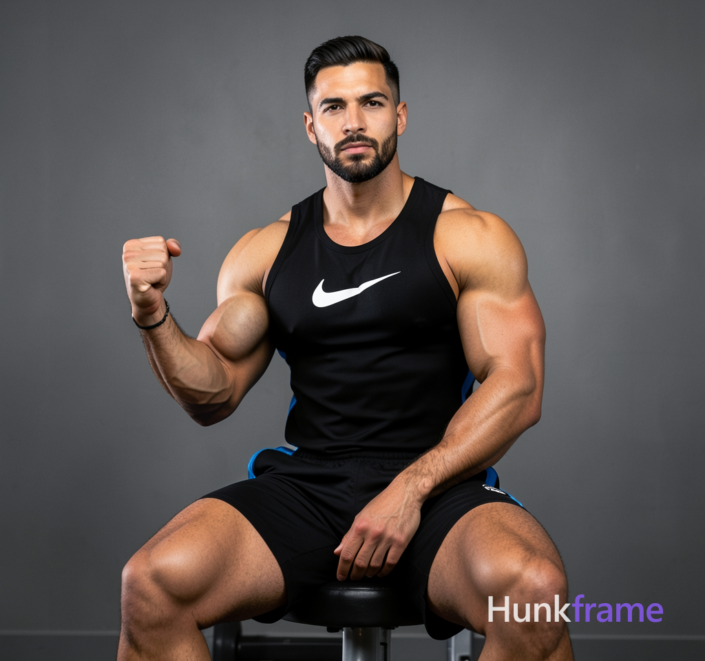 A confident masculine man seated on gym equipment, mid-torso to upper thighs cen