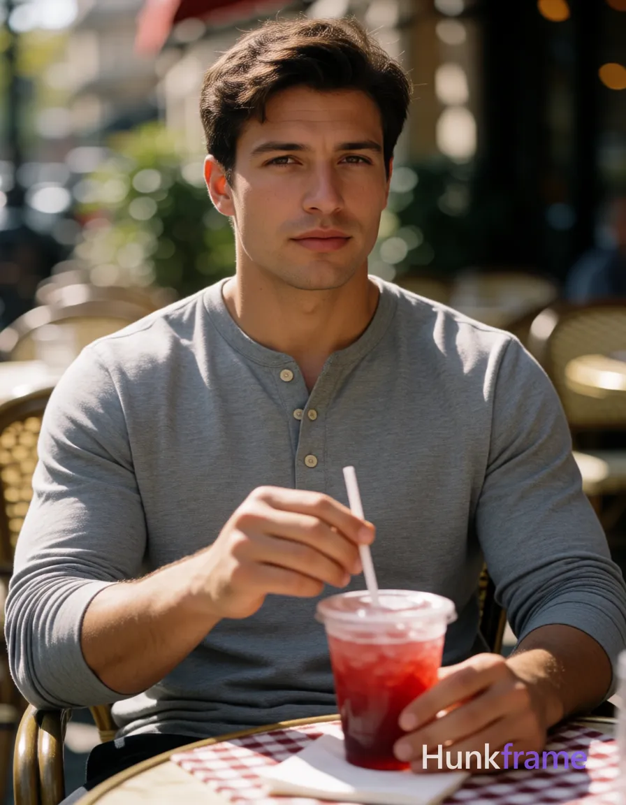 Very large heavy muscular stocky adult man with a broad thick torso, massive shoulders, thick neck, meaty chest and arms, powerful thighs, dense body hair, and heavyweight muscle-bear proportions; an anonymous figure man with light-medium skin, short textured dark brown hair side-parted, clean-shaven chin and upper lip with faint jawline stubble; Seated upright at outdoor café table in grey long-sleeve henley shirt with three-button placket, holding white plastic straw right hand, napkin left near red beverage on checkered cloth; Shallow depth of field bokeh background showing blurred café seating and foliage; Natural sunlight casting soft shadows, high-resolution fashion editorial quality, calm casual elegance mood; FULL GARMENT TEXT REPLACEMENT: remove every source garment word, sentence, slogan, logo, and partial brand spelling from every existing print area, then replace those source marks with only the wordmark, spelled exactly "HF"; This is replacement, Repeated "HF" marks are allowed only where the source garment already had printed text; preserve appropriate placement, typography, color, and scale, logo; single clean uninterrupted photograph with a cohesive editorial composition and plain continuous surrounding surfaces