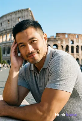 Asian man with light-medium skin and short dark hair featuring a textured top, faded sides, clean ne