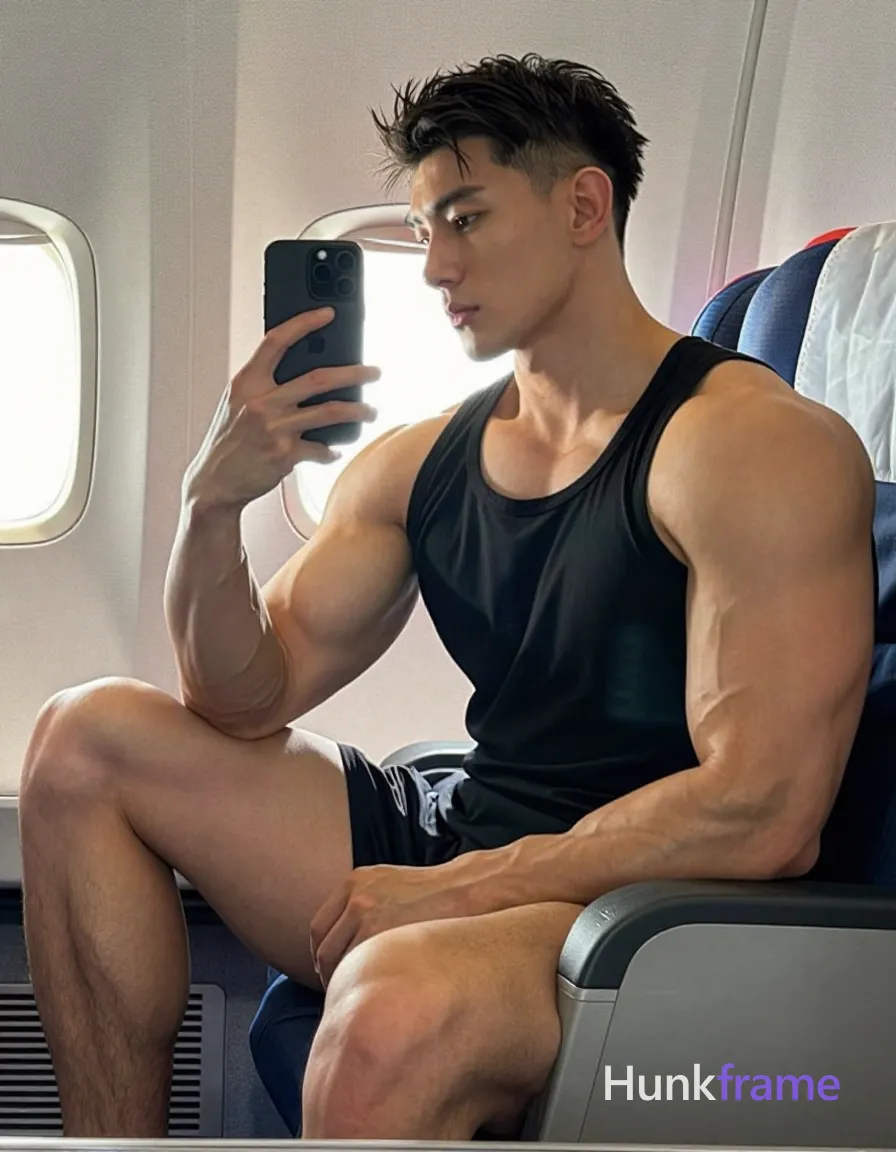 Asian man with light to medium tan skin and short dark brown hair featuring a textured top fade, clean-shaven face taking a vertical mirror selfie in an airplane cabin; He wears a black sleeveless tank top covering his upper torso while seated; right leg bent upward exposing thick thigh musculature and knee fully, left arm holding a black smartphone against the right thigh with thumbs on screen; Torso angled slightly forward occupying right two-thirds of frame; Soft ambient cabin lighting mixed with natural window light creates phone-camera aesthetic quality, shot on iPhone 15 Pro main camera, authentic smartphone computational photography, natural Smart HDR, vertical 9:16 Xiaohongshu lifestyle post, bright clean gym or cafe scene, wardrobe matching reference outfit, confident everyday blogger pose, phone photo with natural grain, phone held naturally in one hand for selfie, phone visible in frame; single clean uninterrupted photograph with a cohesive editorial composition and plain continuous surrounding surfaces