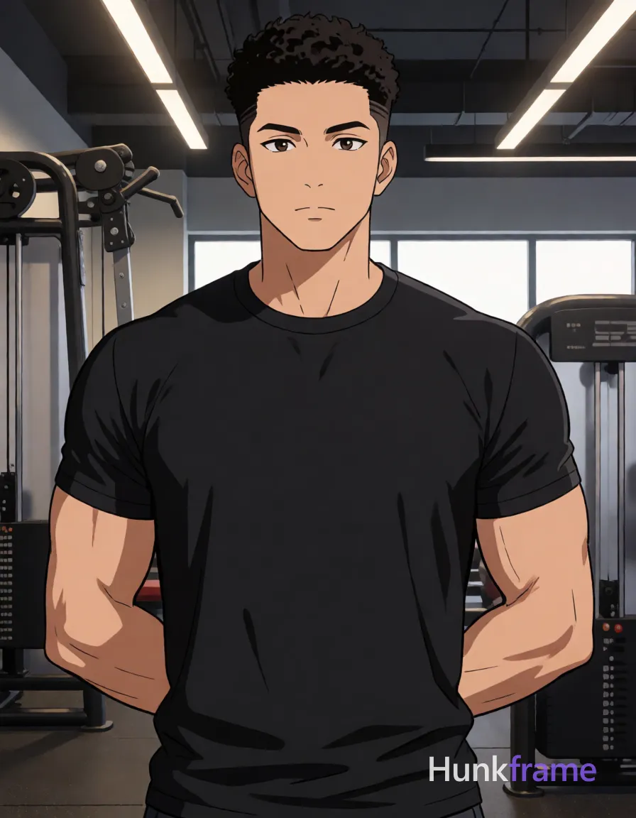 Asian man with short dark black textured crop hair, clean-shaven face, wearing a black short-sleeve crew-neck t-shirt standing upright facing forward with hands behind back and slight torso lean left; Polished anime 2.5D next-gen game art style rendering athletic anatomy with expressive neutral direct gaze at camera; Indoor gym environment featuring weight machines in background under overhead linear lighting fixtures; High-quality character render emphasizing broad shoulders, defined pectorals, and toned biceps on medium-light skin, same aesthetic theme and photo feel as the reference but a different man in a different pose with distinct body proportions, Moroccan man, deep tan, dark curls, defined abs natural not exaggerated; single clean uninterrupted artwork with a cohesive composition and plain continuous surrounding surfaces