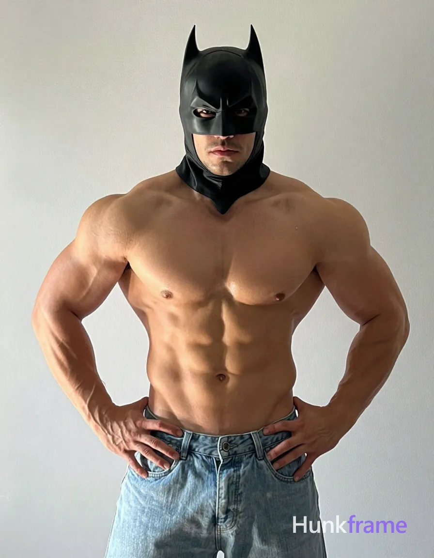 Adult man with light medium tan skin and light stubble on chin, wearing black Batman-style cowl mask covering head and eyes; Standing waist-up portrait centered against plain light gray wall background, hands firmly planted on hips while torso angles slightly forward in a serious focused gaze pose; Shirtless adult male displaying highly muscular build defined pectorals abs broad shoulders thick arms clad only in light blue denim jeans; High contrast studio lighting from front-left casting sculpted shadows emphasizing physique details, shot on iPhone 15 Pro main camera, authentic smartphone computational photography, natural Smart HDR and true-to-life skin texture, vertical 9:16 Xiaohongshu lifestyle feed, bright clean everyday scene, unretouched phone photo with subtle sensor grain, trendy Chinese internet 网红 aesthetic, candid influencer energy; single clean uninterrupted photograph with a cohesive editorial composition and plain continuous surrounding surfaces