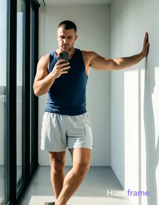 an anonymous figure man with short black buzz cut and clean-shaven face, standing sideways in a 