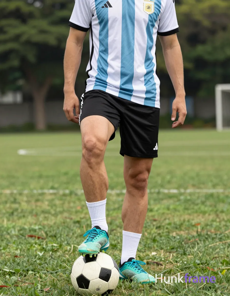 A photorealistic photograph of a shirtless man in an Argentina soccer jersey, black shorts, white crew socks, and teal soccer cleats, standing on a soccer ball with his torso centered in the frame against a backdrop of green grassy field with trees. The lighting is natural outdoors, highlighting defined abs and thick muscular thighs. He appears to be reflecting on his childhood dream of playing football, exuding an athletic and energetic mood typical of a soccer player. The image has a 591:1280 aspect ratio, vertical portrait orientation, and is tack-sharp in quality., shot on iPhone 15 Pro main camera, authentic smartphone computational photography, natural Smart HDR and true-to-life skin texture, vertical 9:16 Xiaohongshu lifestyle feed, bright clean everyday scene, unretouched phone photo with subtle sensor grain, trendy Chinese internet 网红 aesthetic, candid influencer energy