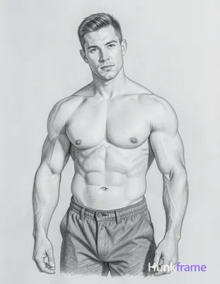 A pencil sketch of a shirtless man with short hair, head slightly tilted to the 