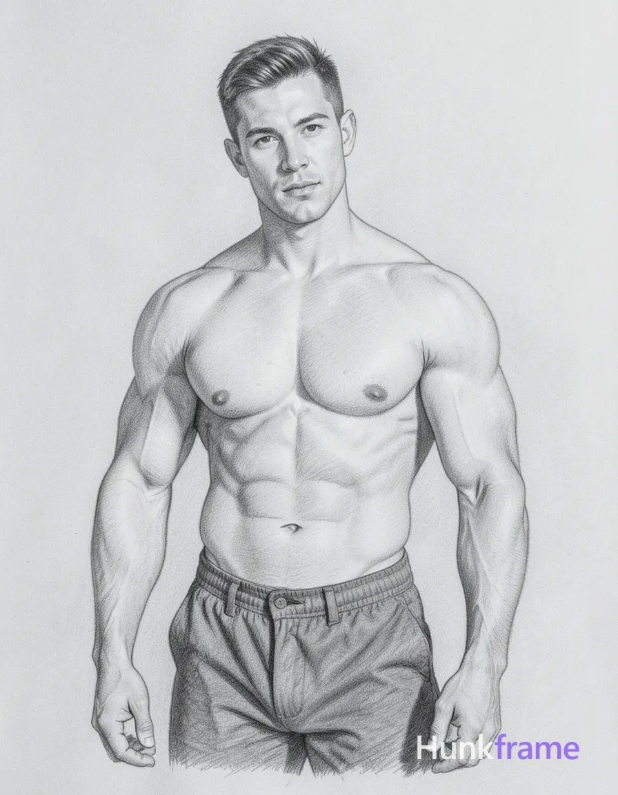 A pencil sketch of a shirtless man with short hair, head slightly tilted to the side, looking directly at the viewer. The composition shows a torso-only crop with the shoulders down and head fully visible within a vertical portrait orientation canvas (1044:1079 aspect ratio). Soft lighting casts subtle shadows on his thick muscular thighs. The sketch is rendered in muted gray tones, capturing a romantic aesthetic mood