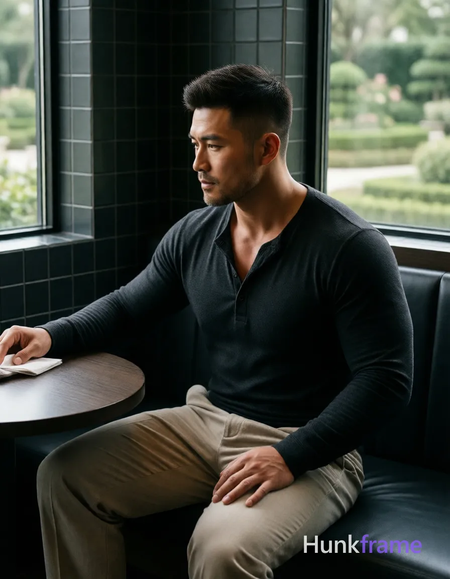 Photograph of exactly 1 adult man. Man 1: Asian, medium-tan, square-jawed with defined cheekbones, short buzz cut, dark brown/black, textured top with faded sides and back, clean-shaven with light stubble on chin and jawline. Man 1 has fully exposed eyes, eyebrows, temples and nose bridge. Broad shoulders, defined pectorals contrast with thick thighs in a sculpted masculine form. Seated sideways at round dark wood table reaching left for napkin while right hand rests on thigh. Dark charcoal long-sleeve henley buttoned mid-chest revealing collarbones over light beige wide-leg trousers. Vertical portrait crop centering Asian man in profile facing right with clean negative space above head. Indoor cafe booth featuring dark tiled wall, large glass window overlooking manicured garden outside. Natural daylight creates soft highlights on face and arms against dramatic interior shadows. Fine-art photography aesthetic emphasizing quiet luxury mood with muted earth-tone palette