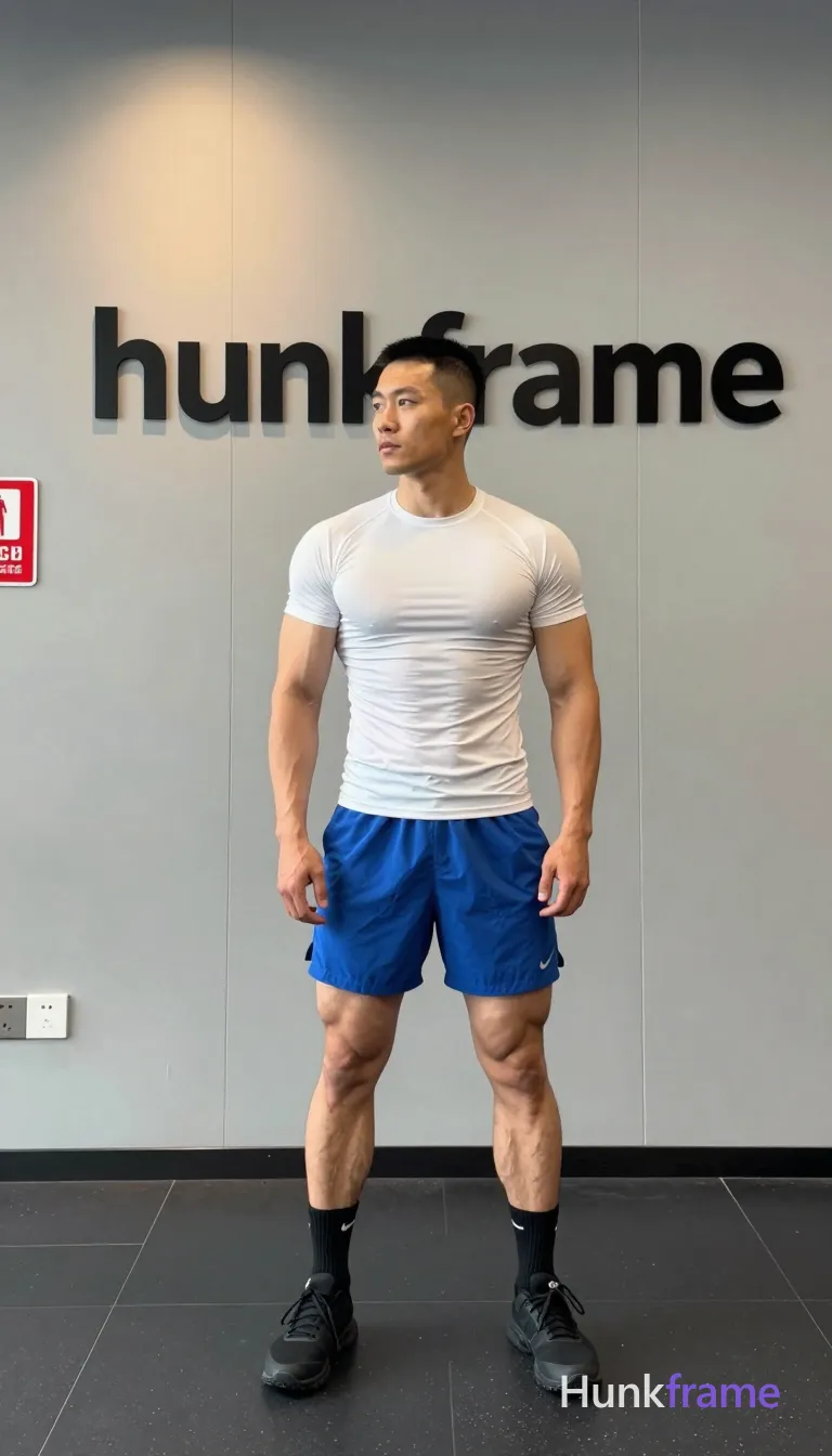 Asian man with short black buzz cut and high fade, clean-shaven face with neutral focused gaze standing upright slightly left; Wearing white fitted compression t-shirt covering torso completely, blue athletic shorts ending mid-thigh exposing thick thighs and calves, black crew socks with white Nike swoosh logo, black athletic sneakers; Indoor gym setting with light gray paneled walls, dark tiled flooring, fire safety signage on left wall; Overhead recessed lighting casting soft shadows, even ambient illumination with slight directional highlight from above-left; Full-body vertical shot head to mid-calf centered in frame; Clean composition naturalistic lighting documentary-style framing athletic photography emphasizing defined anatomy and confident strength; FULL TEXT REPLACEMENT: remove every original source word, sentence, slogan, logo, and partial spelling from the text-bearing area, then replace it with only the wordmark, spelled exactly "hunkframe" on the sign in the composition; This is replacement; Preserve appropriate typography and scale; No other visible text, logo, caption, username, hashtag, comment, watermark, or UI chrome, same aesthetic theme and photo feel as; single clean uninterrupted photograph with a cohesive editorial composition and plain continuous surrounding surfaces