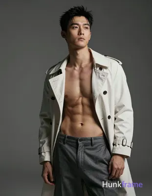 A single Asian man standing with his torso slightly leaned forward and head tilted upwards, showcasi
