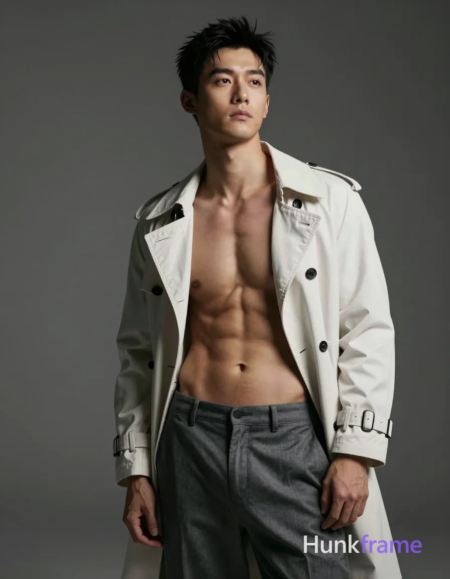 A single Asian man standing with his torso slightly leaned forward and head tilted upwards, showcasing a well-defined physique against a dark, neutral background. He is shirtless, revealing his bare chest and abs, while wearing a white trench coat draped over his shoulders and gray pants. The lighting is soft yet directional, casting subtle shadows on his body to highlight the muscular arms and defined abs. The image is in photorealistic editorial photography style with muted tones of grays and whites that complement his skin tone, emphasizing confidence and elegance
