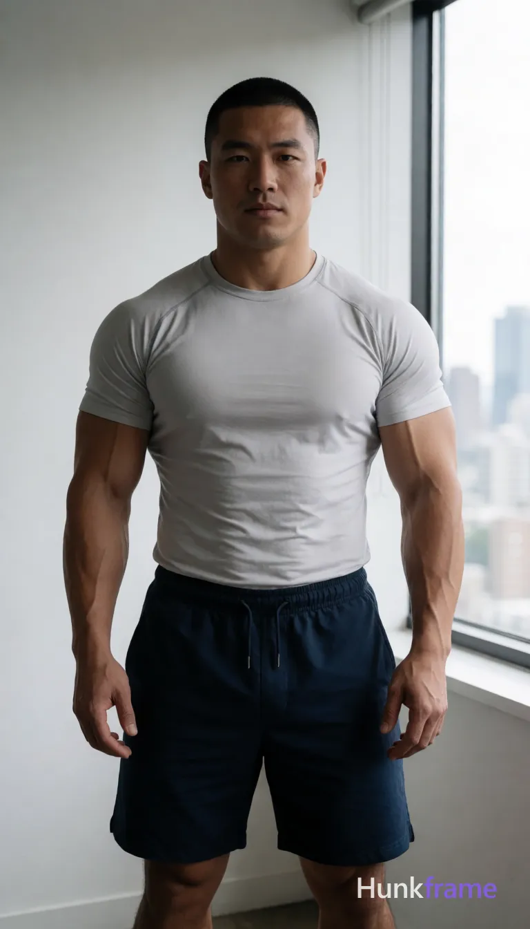 Heavily muscular adult man with substantial muscle mass, wide shoulders, thick neck, large chest and arms, powerful thighs, and dense bodybuilding proportions; Asian man with short buzz cut and clean-shaven face, broad shoulders, defined pectorals, visible abdominal definition; Standing upright facing camera, arms slightly away from body, hands relaxed open; Wearing light gray fitted compression-style t-shirt covering chest completely, dark blue drawstring athletic shorts reaching mid-thigh; Indoor room with plain white wall background and window showing cityscape view on right side of frame; Soft natural light coming from window creating subtle shadows on left side of face and body; Clean composition, minimalist aesthetic, dramatic directional lighting emphasizing sculpted physique; single clean uninterrupted photograph with a cohesive editorial composition and plain continuous surrounding surfaces