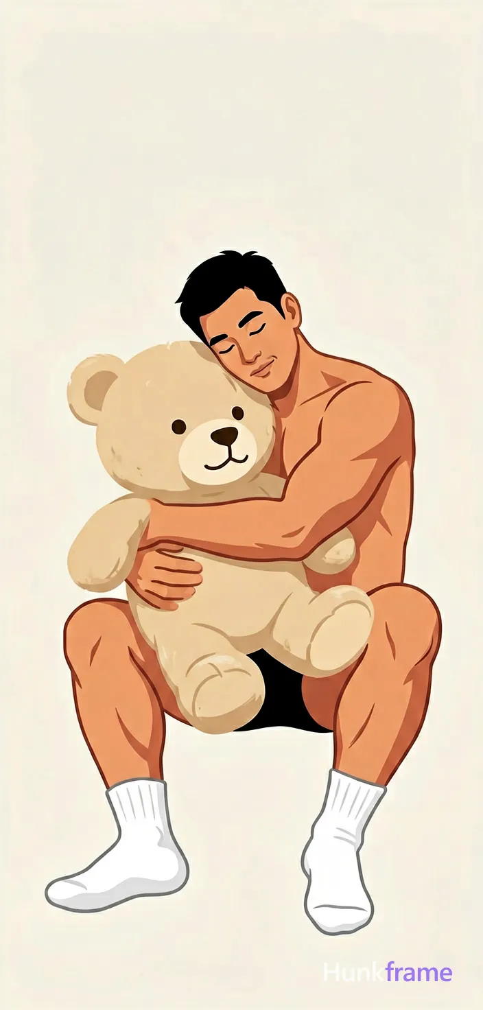 Bold flat-color wall art adult man with short black hair and clean-shaven face, eyes closed resting head on a large beige teddy bear's shoulder. Seated leaning forward hugging the bear tightly with both arms wrapped around its body. Shirtless bare chest exposing sculpted shoulders and thick thighs visible as left leg extends outward in white crew sock while right leg bends inward also in white sock. High-contrast color blocking clean vector line style against plain off-white background, clean composition with negative space above subject., wearing underwear or swim trunks, covered genitals, no frontal nudity, a single uninterrupted photograph only, no written words or typography anywhere in frame, no captions, no app UI, no social-media post layout, no screenshot borders