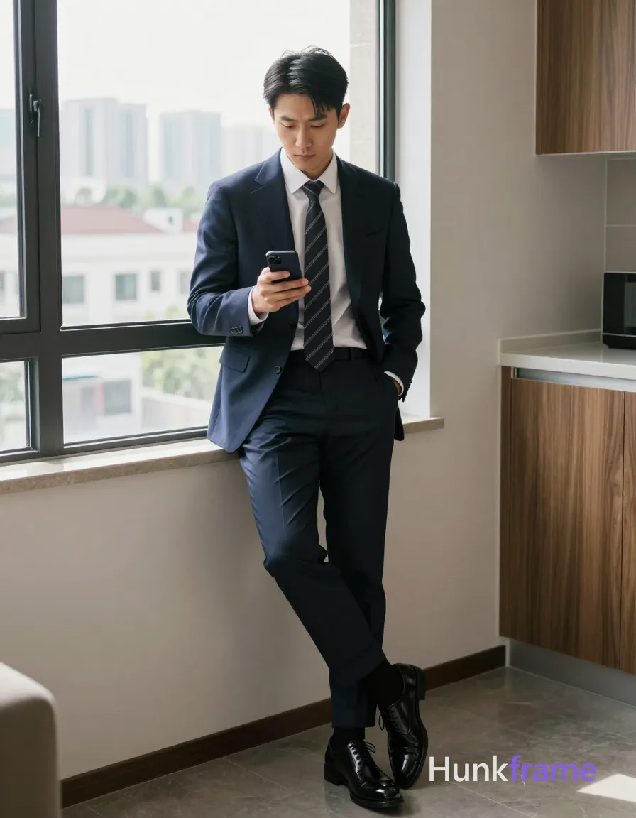 Asian man with short black straight hair, neat side part, clean-shaven face and neck; Standing in a cozy modern apartment living room near a large window with city view instead of kitchen cabinetry; Right leg crossed over left knee while seated on floor cushion or low stool, torso leaning back relaxedly holding a black smartphone at chest height; Wearing dark navy blue single-breasted suit jacket unbuttoned slightly to show shirt collar, white collared dress shirt buttoned to neck, patterned dark tie with diagonal stripes loosened, matching cuffed trousers, black ribbed mid-calf socks, shiny patent leather oxford shoes; Natural daylight streaming from window creating soft rim light on hair and shoulders; Vertical portrait 13:19 aspect ratio, full-body shot knees to head; single clean uninterrupted photograph with a cohesive editorial composition and plain continuous surrounding surfaces