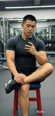Asian man, light-medium skin tone, short black buzz cut straight texture high fo