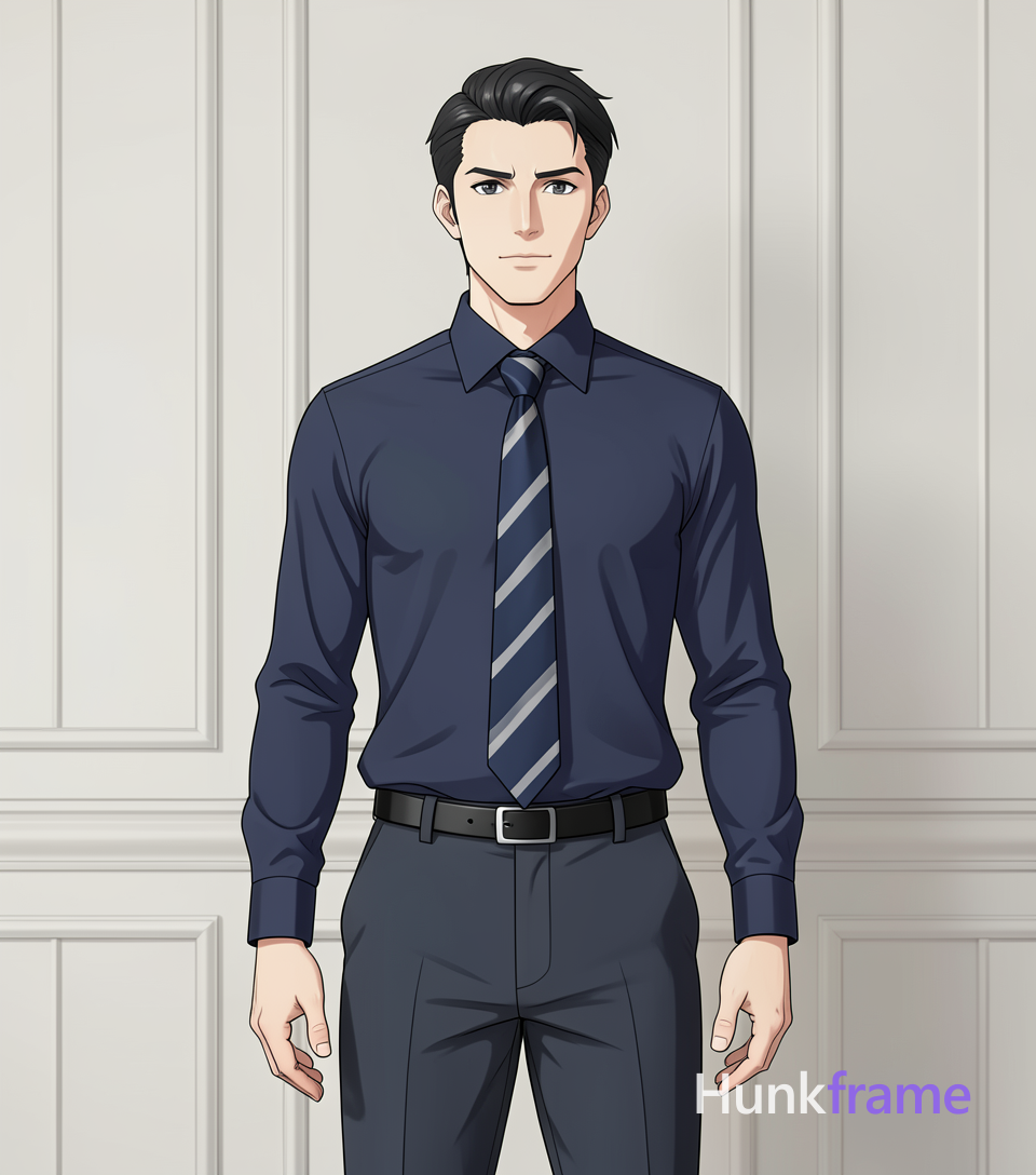 Vertical anime portrait of an adult man standing facing forward with hands relaxed at sides, wearing