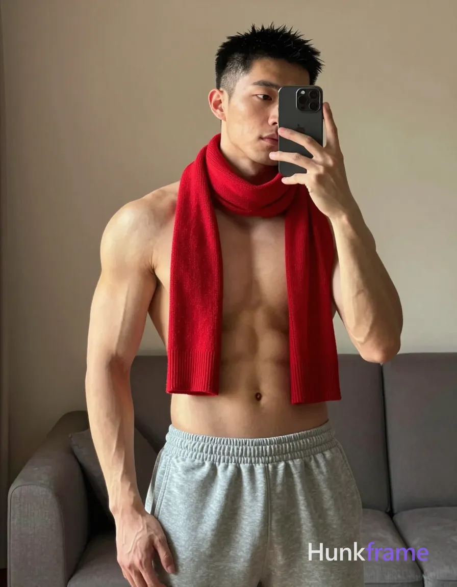 Asian man with short black hair and clean-shaven face standing in a cozy indoor living room setting, holding his phone for a candid selfie. He is shirtless, displaying a muscular chest, defined abs, and visible vascularity, wearing light grey sweatpants and a red scarf wrapped around his neck and shoulders. His left arm rests on his thigh while the right hand holds the device near face with forearm raised. Vertical portrait composition centered in frame with soft warm lighting from window casting gentle shadows on torso. High-detail skin texture emphasizing muscle definition against beige walls, trendy lifestyle vibe., a single uninterrupted photograph only, no written words or typography anywhere in frame, no captions, no app UI, no social-media post layout, no screenshot borders