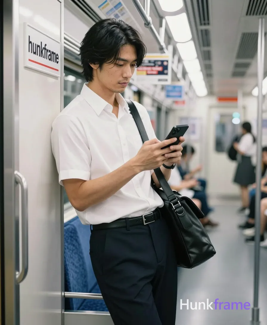 Asian man with light-medium skin, black medium-length layered hair with side-swept bangs, clean-shaven face. Standing leaning against subway wall left shoulder pressed to panel, right arm bent holding black smartphone in front of chest, thumbs scrolling. Wearing white short-sleeved button-up shirt collared top two buttons undone, dark navy tailored trousers, black leather belt rectangular silver buckle. Black leather shoulder bag slung over left shoulder hanging along right hip thigh area. Vertical full-body to mid-thighs center-right foreground occupying majority vertical frame head to mid-thighs. Interior modern Japanese subway car blue upholstered seats overhead handrails fluorescent lighting visible advertisements on walls including one reading Nagoyas future tsukuru. Bright even ambient interior lighting from ceiling fixtures soft shadows under chin and arms diffused overhead source. Clean composition shallow depth of field blurring background passengers high-resolution editorial photography aesthetic naturalistic color grading without heavy filters stylization homoerotic undertone via focused gaze body tension premium fashion editorial aesthetic dramatic yet natural lighting sculpted masculine physique emphasized through pose framing. FULL TEXT REPLACEMENT: remove every original source word, sentence, slogan, logo, and partial spelling from the text-bearing area, then replace it with only the wordmark, spelled exactly "hunkframe" on the sign in the composition. This is replacement, never addition; no original source letters may remain. Preserve appropriate typography and scale. No other visible text, logo, caption, username, hashtag, comment, watermark, or UI chrome., a single uninterrupted photograph only, no written words or typography anywhere in frame, no captions, no app UI, no social-media post layout, no screenshot borders