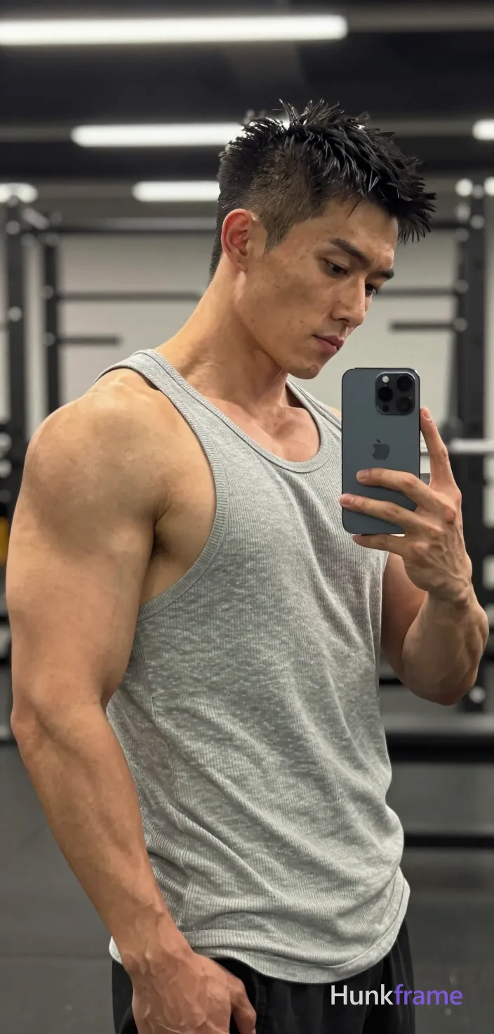 Asian man with short spiky black hair and clean-shaven face, standing in profile facing right holding a dark gray iPhone-style phone near chest for mirror selfie; Wearing light gray ribbed tank top covering torso and shoulders, broad muscular build with defined deltoids and visible biceps; Gym interior background with weight racks under overhead fluorescent lighting casting even illumination on skin tones; Vertical portrait crop from head to upper thighs, center-left foreground occupying majority of frame; Muscle bear style emphasizing rugged warm confidence and meaty chest presence, realistic body hair texture, strong masculine energy in casual fitness attire; single clean uninterrupted photograph with a cohesive editorial composition and plain continuous surrounding surfaces