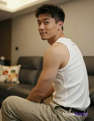 Asian man with light-medium skin, dark brown short hair styled with volume on top, clean-shaven face