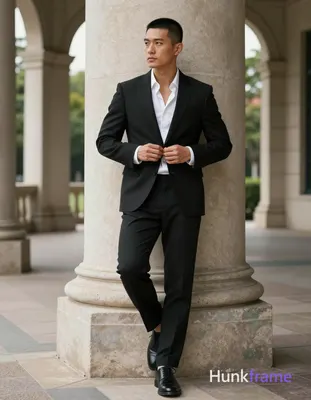 Asian man with short black buzz cut and clean-shaven face, neutral serious expre