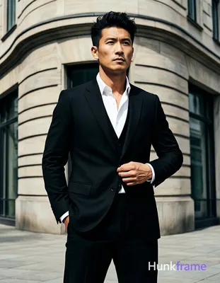 Asian man with short textured black hair styled upward and back, clean-shaven face, neutral composed