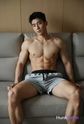 Asian man with light to medium tan skin and short dark black hair seated shirtless on a light gray l