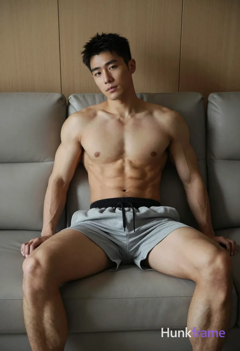 Asian man with light to medium tan skin and short dark black hair seated shirtless on a light gray leather sofa; Torso angled slightly forward, left arm resting along the back of the couch, right hand near thigh, legs spread apart with knees bent showing thick thighs with visible quadriceps definition; Wearing only gray athletic shorts with black elastic waistband and drawstring; Indoor living space with wood-paneled walls behind him; Soft directional lighting from upper left casting subtle shadows on torso and sofa cushions; Fine-art photography aesthetic, sculpted lighting on musculature defined pectorals and abdominal muscles, premium fashion-editorial composition, muted palette of grays and wood tones; single clean uninterrupted photograph with a cohesive editorial composition and plain continuous surrounding surfaces