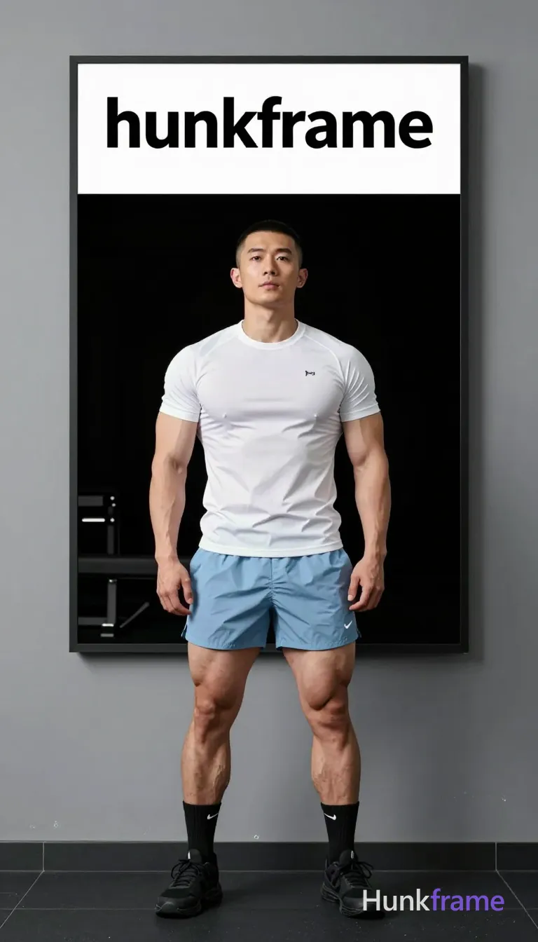 an anonymous figure adult man with short buzz cut black hair and clean-shaven face, neutral contemplative gaze upward; Standing upright in bold flat-color poster wall art graphic design style within indoor gym setting featuring grey walls and weight bench background; Wearing white fitted short-sleeve t-shirt with small logo on chest, light blue athletic shorts reaching mid-thigh emphasizing thick thighs, black crew socks with white Nike swoosh, black athletic sneakers; High-contrast color blocking of white shirt against light blue shorts and grey environment; Vertical portrait orientation 13:19 aspect ratio; FULL TEXT REPLACEMENT: remove every original source word, sentence, slogan, logo, and partial spelling from the text-bearing area, then replace it with only the wordmark, spelled exactly "hunkframe" on the sign in the composition; This is replacement; Preserve appropriate typography and scale; No other visible text, logo, caption, username, hashtag, comment, watermark, or UI chrome, same aesthetic theme and photo feel as the reference but a different man in a different pose with distinct body proportions, lean Korean; single clean uninterrupted photograph with a cohesive editorial composition and plain continuous surrounding surfaces