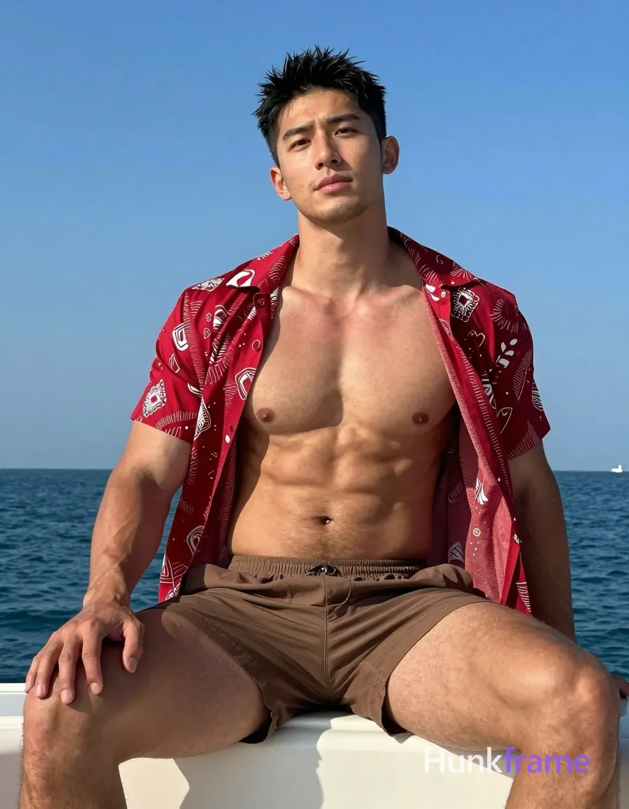 Photoreal photograph of a handsome masculine man sitting on a boat with torso slightly leaned back and hands resting on knees. Wearing brown shorts, shirtless except for a red patterned short-sleeve shirt draped over his shoulders. Compact athletic build with defined abs and thick muscular thighs visible. Clear blue sky and calm sea background in bright daylight lighting. Tack-sharp image quality with vibrant palette of blues, reds, and natural skin tones. Relaxed summery mood., shot on iPhone 15 Pro main camera, authentic smartphone computational photography, natural Smart HDR and true-to-life skin texture, vertical 9:16 Xiaohongshu lifestyle feed, bright clean everyday scene, unretouched phone photo with subtle sensor grain, trendy Chinese internet 网红 aesthetic, candid influencer energy