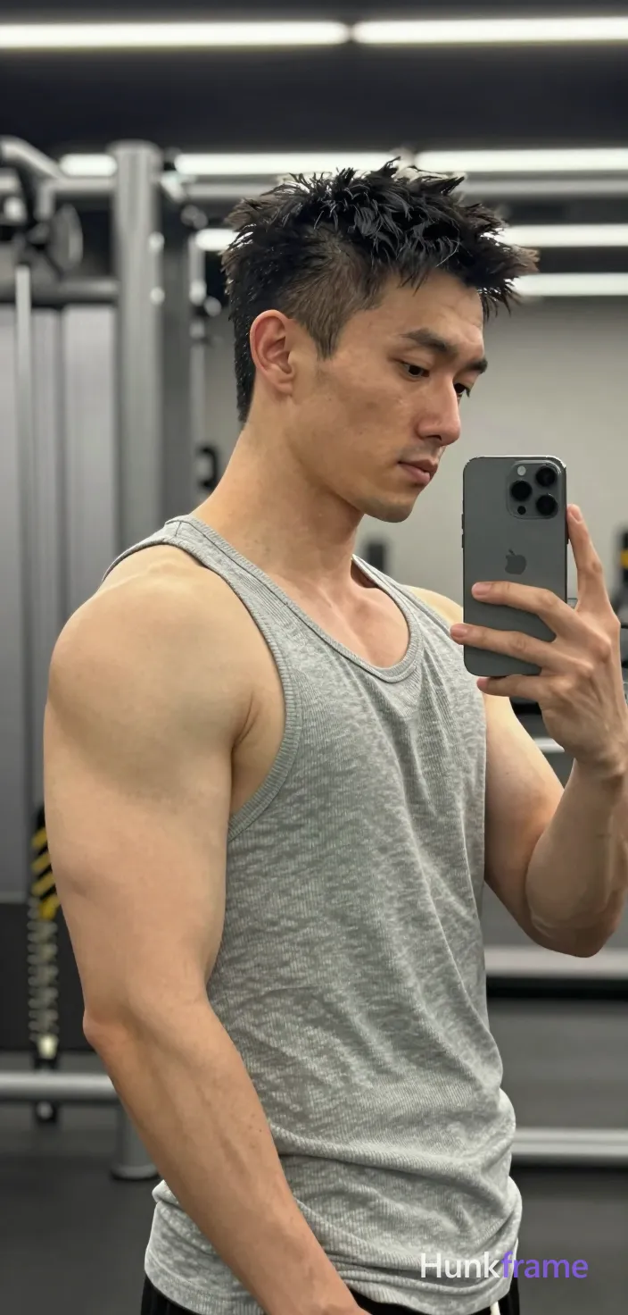 Photograph of exactly 1 adult man. Man 1: Asian, light-medium, square-jawed with defined cheekbones, short spiky black hair, textured and slightly tousled, high forehead, clean-shaven head, clean-shaven. Man 1 has fully exposed eyes, eyebrows, temples and nose bridge. Broad muscular build with defined deltoids, visible biceps. Standing in profile facing right holding dark gray phone for mirror selfie. Light gray ribbed tank top covering torso, shoulders. Vertical portrait crop showing subject from head to upper thighs center-left foreground. Gym interior with weight racks, exercise equipment visible behind in background. Overhead fluorescent lighting casting even illumination on face and muscular torso. Mirror selfie composition gym aesthetic casual fitness photography neutral gray palette