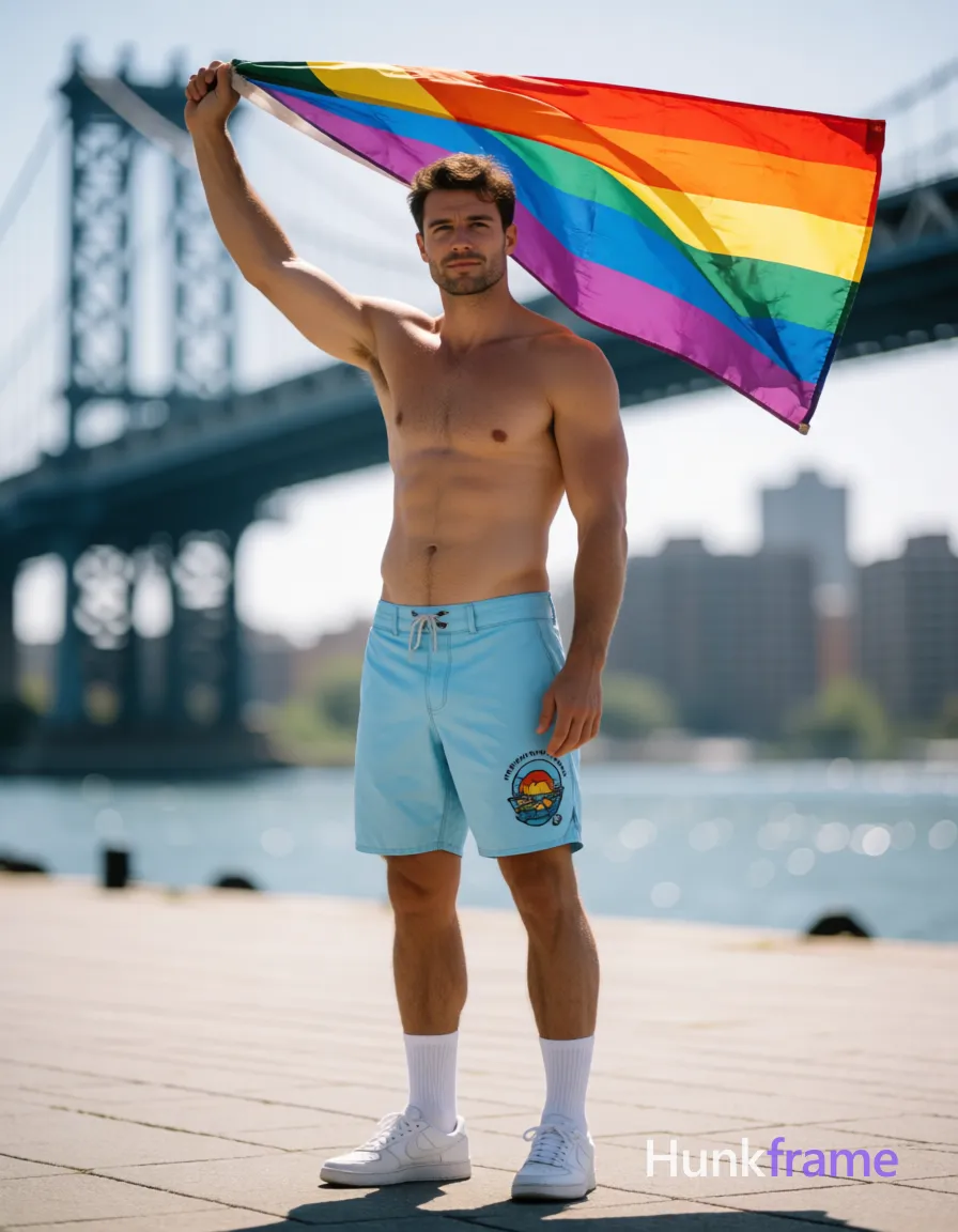 Shirtless caucasian man with tanned skin and light stubble stands on a paved waterfront promenade, right arm raised holding a billowing rainbow flag aloft; He wears light blue board shorts with a left-leg graphic, white crew socks pulled to mid-calf, and white lace-up sneakers; Muscular chest, shoulders, defined abs, and thick calves are highlighted by bright natural sunlight from the upper left casting strong shadows; The background features a large suspension bridge softly blurred by shallow depth of field in high-contrast editorial photography; single clean uninterrupted photograph with a cohesive editorial composition and plain continuous surrounding surfaces