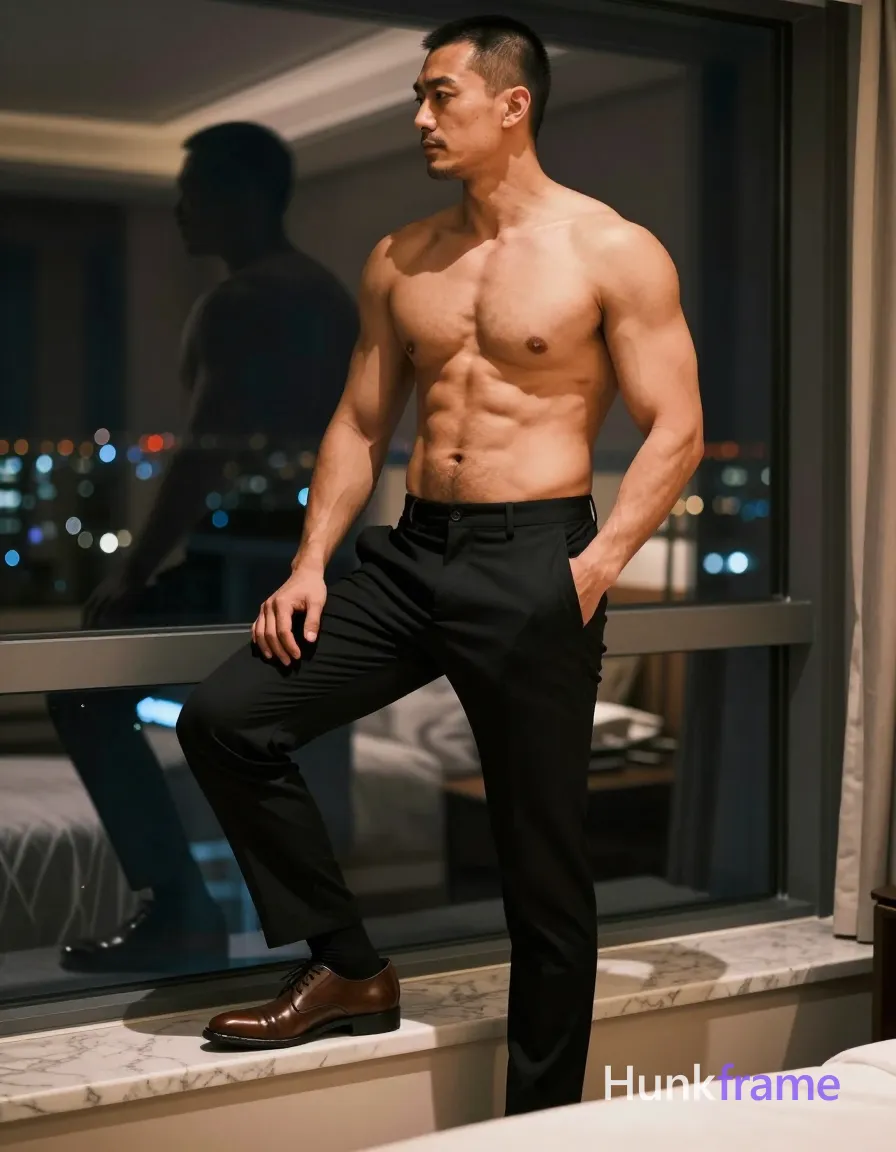 Adult man with short black buzz cut, clean-shaven face, neutral profile gaze leftward. Standing shirtless on a marble window sill ledge in a hotel room at night; right foot planted firmly, left knee bent lifting thick thighs slightly off the white bed surface. Torso angled toward camera while head turns away. Left hand inserted into front pocket of black tailored trousers, right arm relaxed along side wearing brown leather lace-up dress shoes and black socks. High-contrast chiaroscuro lighting with warm overhead fixtures casting deep shadows against dark window frames showing city skyline lights. Shallow depth of field isolates the sculpted silhouette of muscular chest, shoulders, defined abs, and thick thighs from head to mid-thighs. Muscle bear aesthetic highlighting broad shoulders, meaty chest, rugged build, and dense body hair., a single uninterrupted photograph only, no written words or typography anywhere in frame, no captions, no app UI, no social-media post layout, no screenshot borders