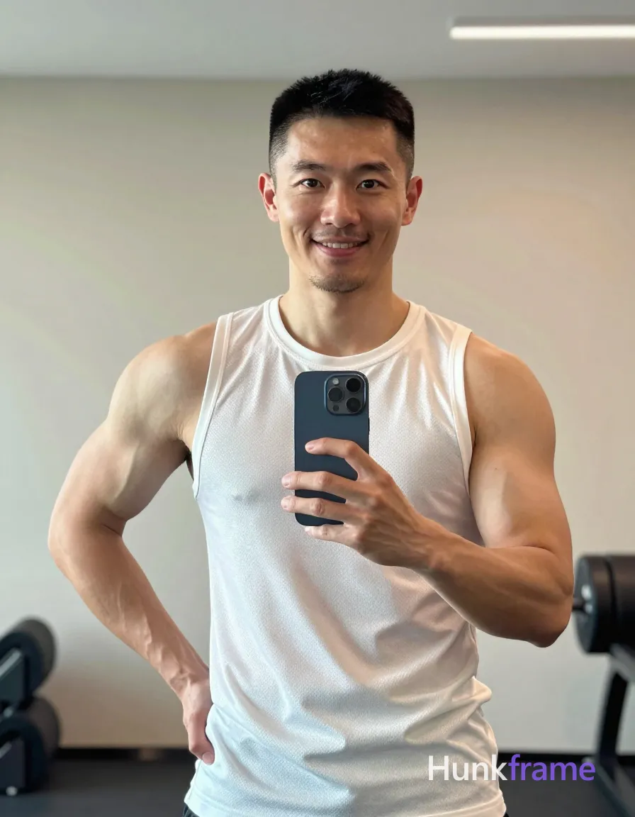 Asian man with short black buzz cut and light stubble stands in a modern home gym setting, smiling broadly; He wears a white sleeveless athletic tank top with textured mesh fabric covering his torso fully; Broad shoulders, defined pectorals, vascular arms with prominent biceps rest naturally; left hand holds dark blue smartphone at chest level while right arm rests on hip or behind back; Soft overhead lighting illuminates natural skin texture and realistic proportions in clean composition; Vertical portrait framing captures full torso from waist up to head, shot on iPhone 15 Pro main camera, authentic smartphone computational photography, natural Smart HDR, vertical 9:16 Xiaohongshu lifestyle post, bright clean gym or cafe scene, wardrobe matching reference outfit, confident everyday blogger pose, phone photo with natural grain, phone held naturally in one hand for selfie, phone visible in frame; single clean uninterrupted photograph with a cohesive editorial composition and plain continuous surrounding surfaces