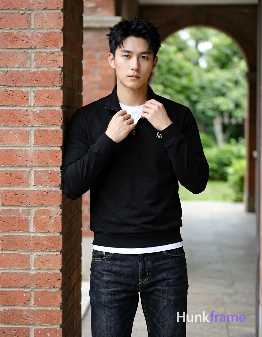 Asian man, light-medium skin, short textured black hair styled upward at the crown with tapered sides and slight flyaways, clean-shaven smooth jawline; Standing upright leaning slightly against a red brick pillar on his right side in an outdoor architectural space; Left hand resting near hip pocket, right hand adjusting collar of black long-sleeve quarter-zip pullover with small embroidered logo over lean build with defined shoulders and arms; White crew-neck undershirt visible at neckline and hemline covering upper chest below neck but exposed above zipper line; Dark wash denim jeans with visible stitching along front seams from head to mid-thighs vertical orientation; Smartphone held naturally in left hand capturing mirror reflection, greenery visible through open archway to right under soft diffused daylight, same aesthetic theme and photo feel as the reference but a different man in a different pose with distinct body proportions, lean Korean man, sharp jaw, monolid eyes, slim swimmer build, natural black hair; securely fitted underwear or swim trunks with complete frontal coverage; single clean uninterrupted photograph with a cohesive editorial composition and plain continuous surrounding surfaces