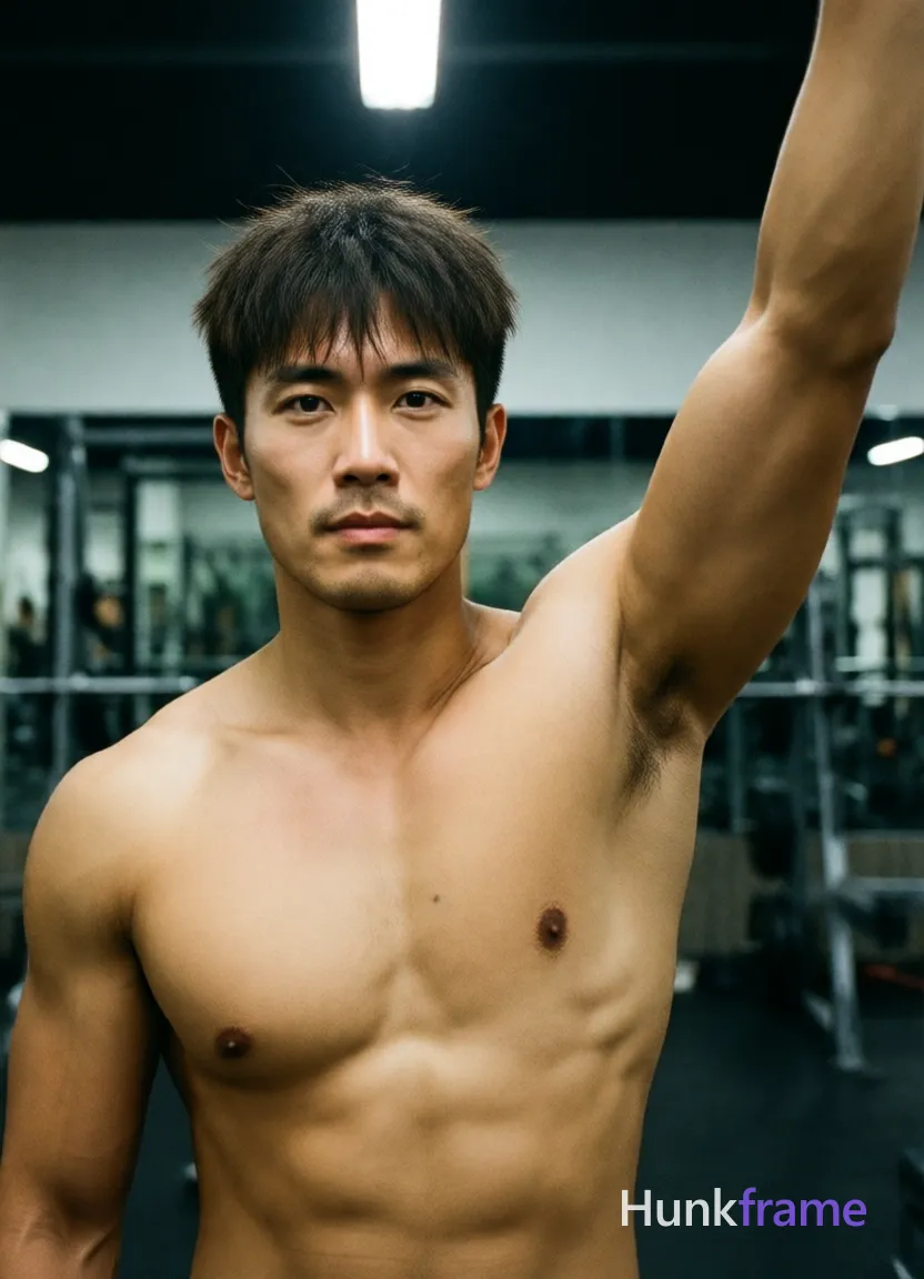 Photograph of exactly 1 adult man. Man 1: Asian, light to medium tan, oval with a defined jawline and chin, short, dark brown/black hair, slightly tousled on top with bangs falling over the forehead, straight texture, small mole on left pectoral area. Man 1 has fully exposed eyes, eyebrows, temples and nose bridge. Athletic Asian man with defined pectorals, broad shoulders stands shirtless in a gym. Right arm raised high above head out of frame while left hand rests at side. Shirtless adult displaying bare chest, abdomen, shoulders, and arms up to biceps. Vertical portrait close-up from chest up centered with right arm extending top-right. Indoor gym featuring mirrored walls, weight racks in background under fluorescent lights. Overhead artificial lighting casts soft shadows on the sculpted chest and arms. Naturalistic photography with slightly grainy texture emphasizing a focused masculine mood