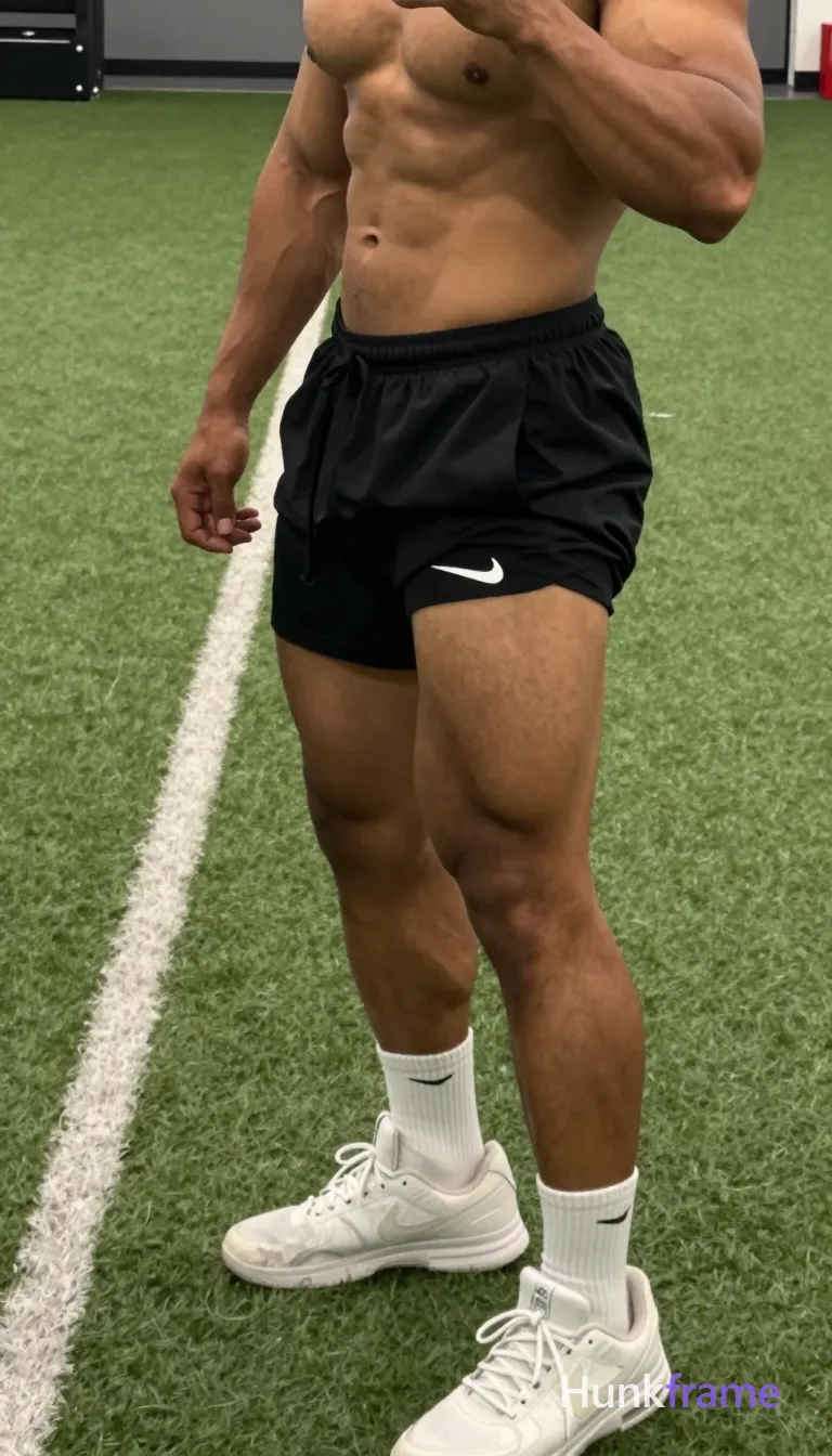 Vertical social feed lifestyle close-up on lower body of shirtless man with thick thighs and defined quadriceps standing right side frame. He wears black athletic shorts with white Nike swoosh, white crew socks, white sneakers. Standing legs slightly apart viewed from above behind left leg forward. Indoor gym artificial turf green floor white lines candid iPhone rear-camera snapshot energy trendy influencer vibe., same aesthetic theme and photo feel as the reference but a different man in a different pose with distinct body proportions, Black man, deep brown skin, cropped hair, broad shoulders, boxer physique not bodybuilder, a single uninterrupted photograph only, no written words or typography anywhere in frame, no captions, no app UI, no social-media post layout, no screenshot borders