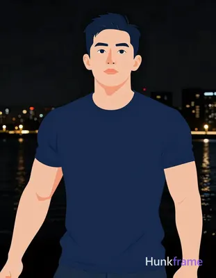 Bold flat-color vector illustration of an Asian man in a dark blue short-sleeve 