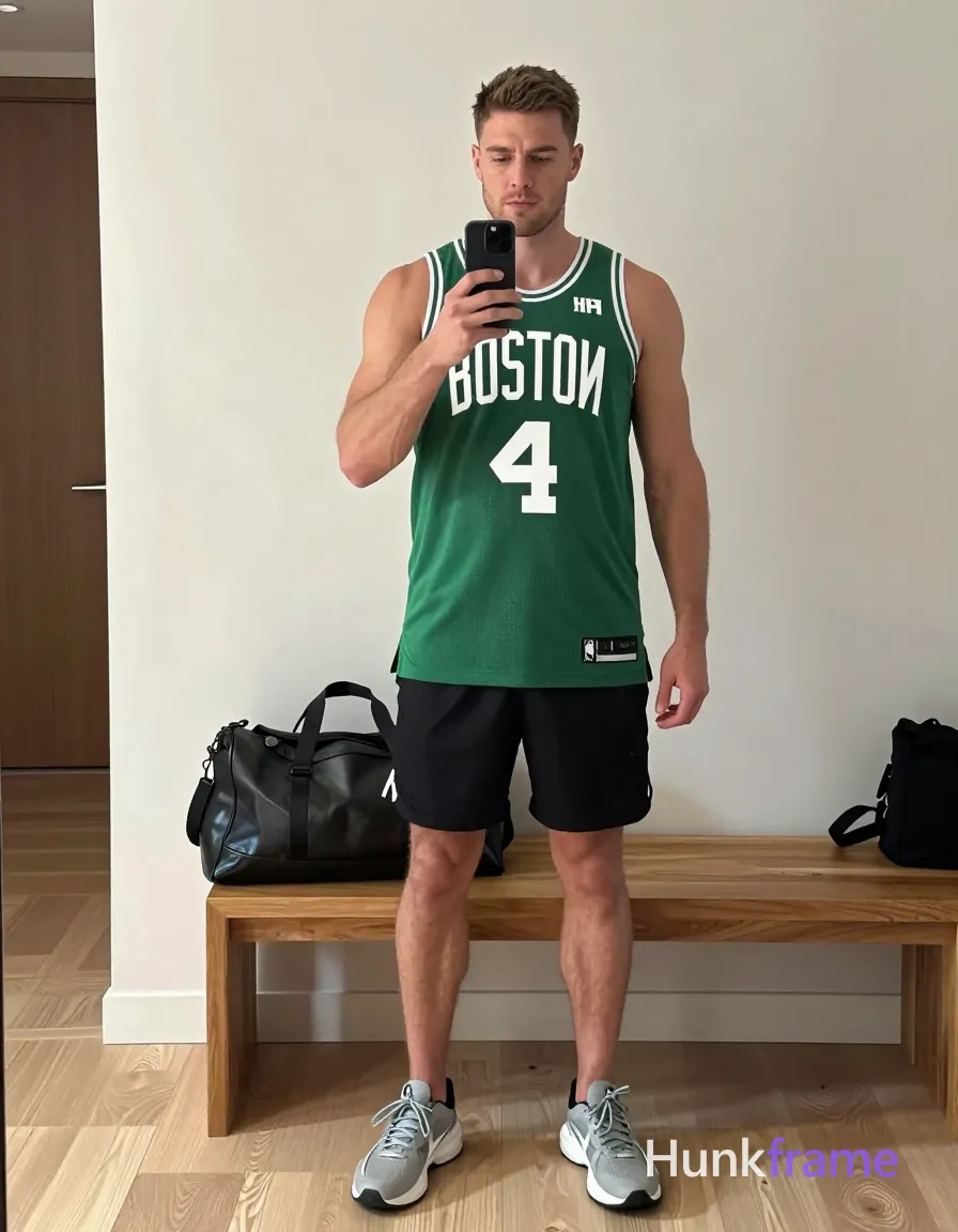 A handsome white man with short brown hair and a clean-shaven face stands in a modern apartment, holding his phone for a candid vertical selfie. He wears a green sleeveless basketball jersey with 'BOSTON 4' text, black athletic shorts, and grey chunky sneakers. His broad shoulders and thick thighs are visible as he leans casually near a wooden bench where a duffel bag rests. Include exactly one visible wordmark, spelled exactly "HF", as a small garment print; preserve its appropriate typography and scale. No other visible text, logo, caption, username, hashtag, comment, watermark, or UI chrome., a single uninterrupted photograph only, no written words or typography anywhere in frame, no captions, no app UI, no social-media post layout, no screenshot borders
