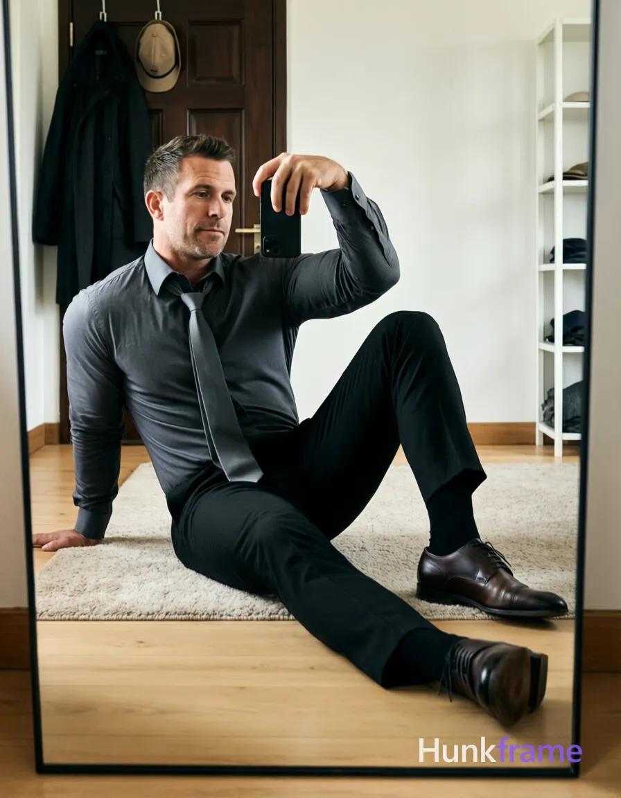 A muscular adult man with light to medium skin and short dark brown hair sits on a beige rug, left leg bent right extended; He wears a dark gray long-sleeve dress shirt buttoned up, matching tie knotted at neck, black tailored trousers, black socks, and lace-up leather shoes; Torso leans back supported by left hand while right arm raises holding a black smartphone angled toward the mirror for self-portrait capture; Full-body shot from head to feet framed vertically with slight tilt toward reflection; Centered on light wood floor; background features dark wooden door with hanging coat and cap, white shelving unit; Soft ambient indoor lighting creates gentle highlights on shirt fabric; Clean lines muted tones fashion-forward relaxed atmosphere fine-art photography dramatic yet soft lighting premium aesthetic; FULL TEXT REPLACEMENT: remove every original source word, sentence, slogan, logo, and partial spelling from the text-bearing area, then replace it with only the wordmark, spelled exactly "hunkframe" in the original compositional text position; This is replacement; Preserve appropriate typography; single clean uninterrupted photograph with a cohesive editorial composition and plain continuous surrounding surfaces