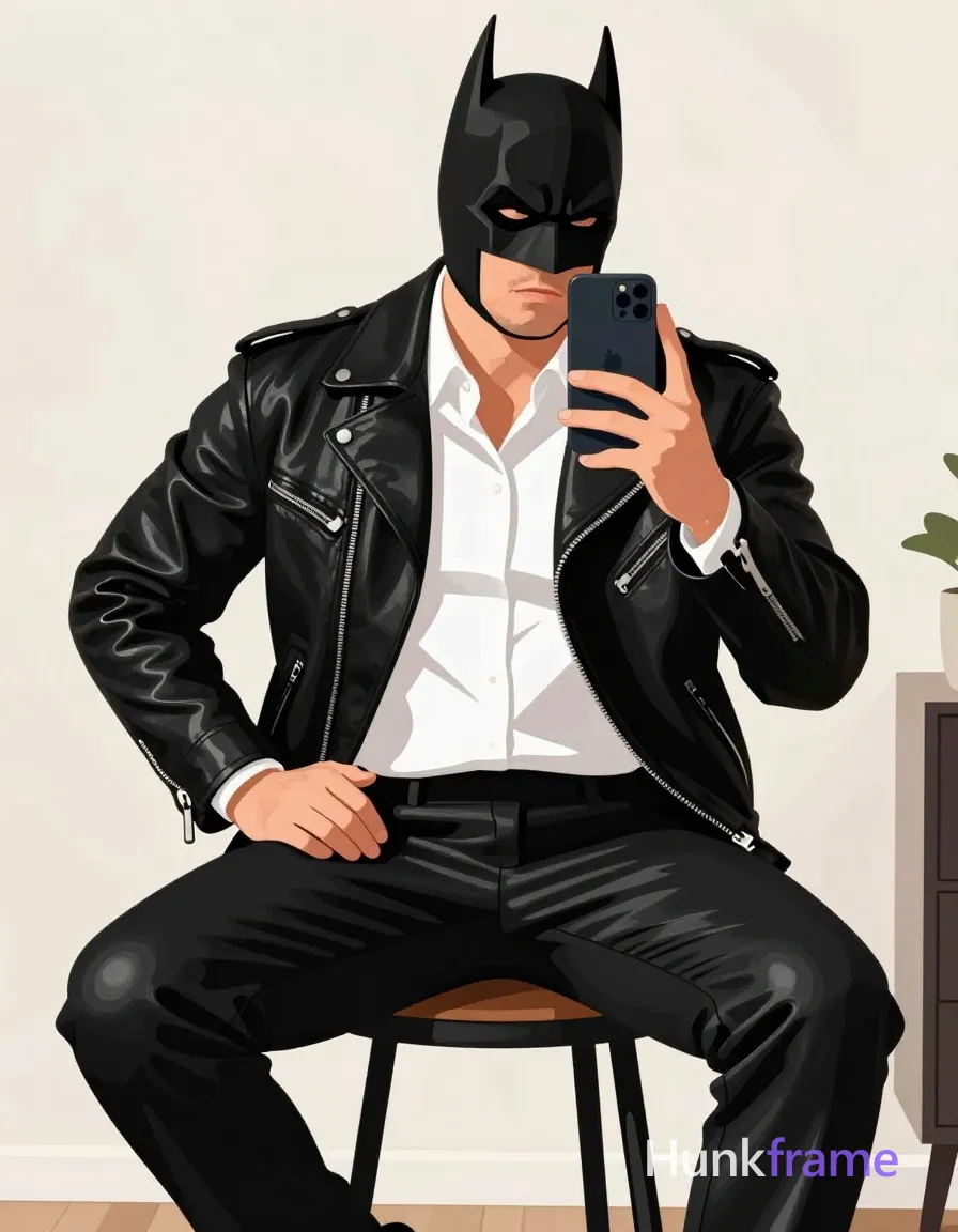 Bold flat-color wall art graphic design of an adult man with thick thighs and broad shoulders seated on a black stool, torso leaning forward. He wears a partially unzipped black leather jacket over a white collared shirt and matching leather pants, topped by a black Batman-style cowl mask with an eye slit exposing his neutral expression and slightly open mouth. His left hand rests firmly on his hip while the right holds a smartphone for a mirror selfie composition capturing full body from thighs up to head against an indoor room background with soft ambient light., a single uninterrupted photograph only, no written words or typography anywhere in frame, no captions, no app UI, no social-media post layout, no screenshot borders