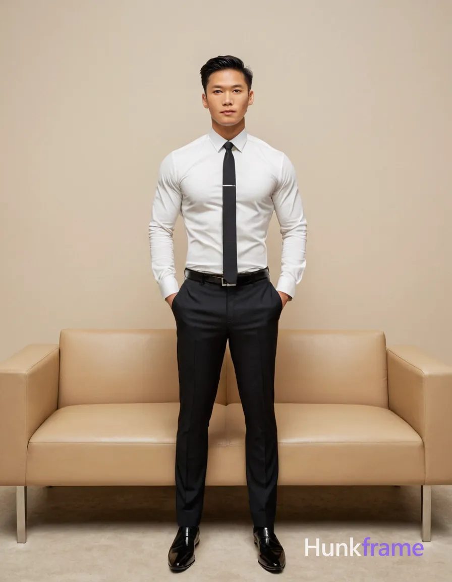 A young Asian man standing confidently in an urban setting, wearing a formal black suit with a crisp white shirt. The soft, diffused lighting casts subtle shadows on his athletic build, emphasizing his muscles and posture. Rows of beige seating and neutral-colored walls create a serene atmosphere, evoking calmness and tranquility. He stands with one hand resting casually on the seat next to him, while the other is at his side. His legs are slightly apart, showcasing his confident stance. The composition focuses on his full body from head to toe, including his well-defined legs in black dress shoes. The muted tones of beige, gray, and white contribute to a relaxed mood, perfectly capturing the essence of masculine homoerotic fine-art photography