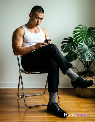 Asian man with short buzz cut and light-medium skin sits on a metal-framed chair, right leg crossed 