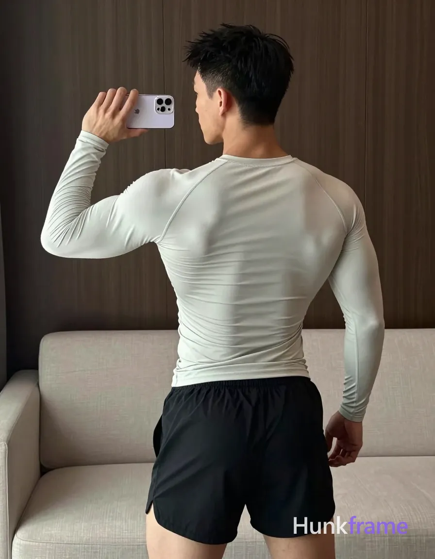 A muscular masculine man stands facing away from the camera toward a window or mirror, right arm raised holding a white smartphone at eye level to capture reflection; He wears a tight-fitting light gray off-white long-sleeve compression-style shirt covering entire torso with no chest exposure and black athletic shorts ending mid-thigh; Defined back musculature features prominent latissimus dorsi and trapezius against a narrow waistline suggesting low body fat; Short dark black hair with straight texture, clean-shaven neck and ears; Indoor living space background includes light-colored sofa and dark vertical wood-paneled wall; Dramatic directional lighting emphasizes defined anatomy and confident strength in the back muscles; Vertical phone-camera crop showing subject from head to upper thighs centered in frame; single clean uninterrupted photograph with a cohesive editorial composition and plain continuous surrounding surfaces