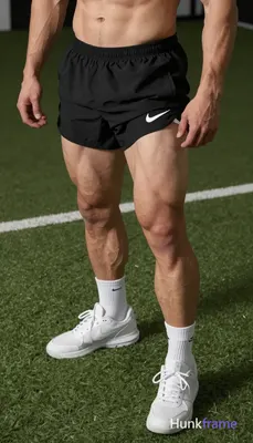 High-angle fashion editorial close-up on lower body of shirtless man with thick thighs and defined q