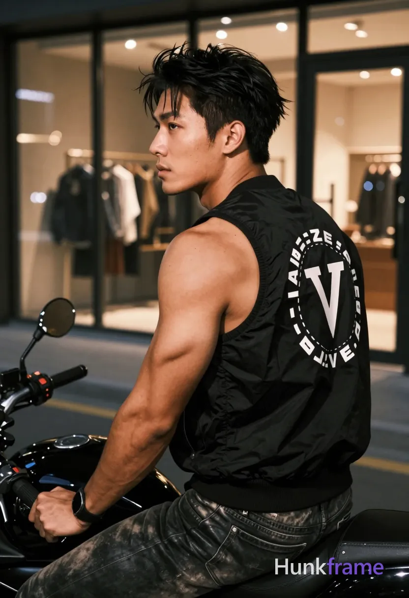 Asian man with light to medium tan skin and short dark black tousled hair, side-parted fringe over forehead; Seated on motorcycle seat in profile view looking leftward, torso angled away from camera; Wearing a black bomber-style jacket featuring a white graphic print on back with stylized 'V' logo inside circular dashed border and partial text reading 'EVE', paired with dark distressed leather pants visible at thigh level; Urban street scene at night with glass storefront reflections in background; Dramatic side-lighting highlights facial contours and fabric texture against warm ambient glow from shop windows; High contrast fine-art photography aesthetic, muscle-bear composition emphasizing rugged confidence and broad shoulders within lean build; single clean uninterrupted photograph with a cohesive editorial composition and plain continuous surrounding surfaces
