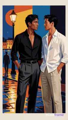 Bold flat-color wall art graphic of two adult Asian men in vertical portrait; Le