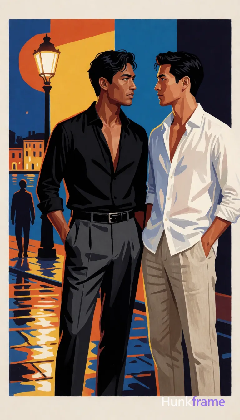 Bold flat-color wall art graphic of two adult Asian men in vertical portrait; Left figure: medium-dark skin, short dark wavy side-parted hair, clean-shaven face; unbuttoned black button-down shirt revealing chest and collarbone, broad shoulders, defined pectorals, dark grey tailored trousers, black leather belt; He stands facing right leaning in to kiss partner while left hand cups partner's jaw/neck; Right figure: medium-light skin, slender build, white unbuttoned shirt revealing chest, beige linen trousers, standing facing left with right hand in pocket; High-contrast color blocking separates warm streetlamp glow from cool night sky background featuring simplified an anonymous figure silhouette and illuminated buildings on water; Clean vector lines define wet pavement reflections without text or logos; single clean uninterrupted photograph with a cohesive editorial composition and plain continuous surrounding surfaces
