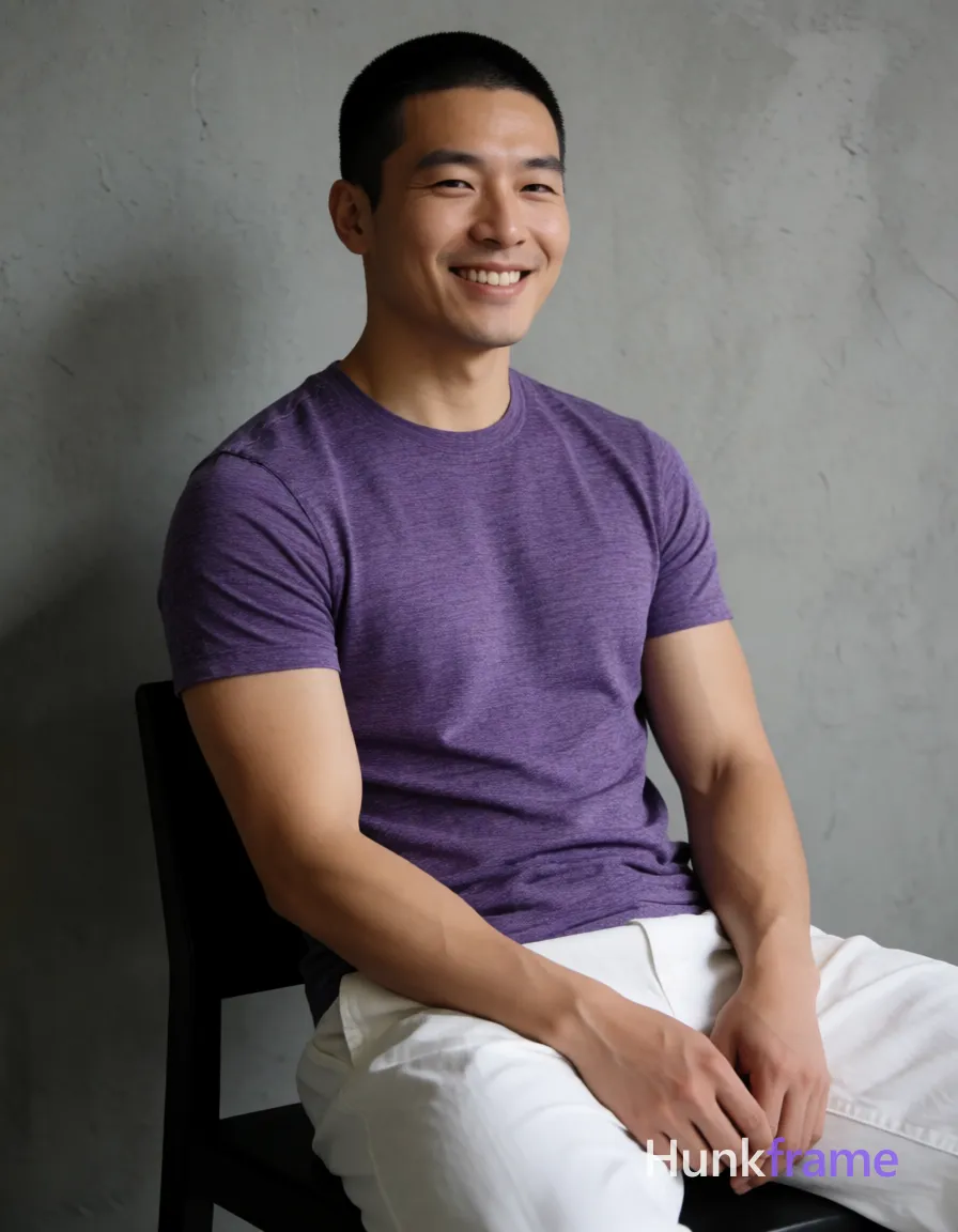 Asian man with short buzz cut and clean-shaven face smiling, seated upright on a black chair against a textured gray wall; He wears a snug purple marled crew-neck t-shirt revealing broad shoulders and defined pectorals, paired with loose white pants; His torso is relaxed while his head turns slightly to the viewer's right; Soft directional light from the left sculpts his toned biceps in a minimalist fine-art photography style, same aesthetic theme and photo feel as the reference but a different man in a different pose with distinct body proportions, lean Korean man, sharp jaw, monolid eyes, slim swimmer build, natural black hair; single clean uninterrupted photograph with a cohesive editorial composition and plain continuous surrounding surfaces